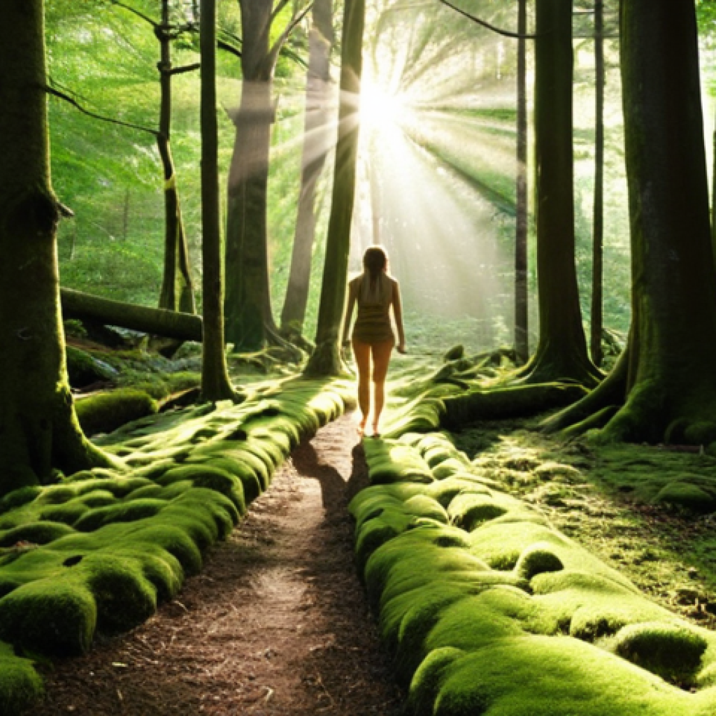 A serene forest scene with dappled sunlight filtering through the trees, a person walking barefoot on a mossy path, emphasizing the healing power of nature and grounding. Focus on peaceful, calming colors and light.