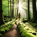 A serene forest scene with dappled sunlight filtering through the trees, a person walking barefoot on a mossy path, emphasizing the healing power of nature and grounding. Focus on peaceful, calming colors and light.