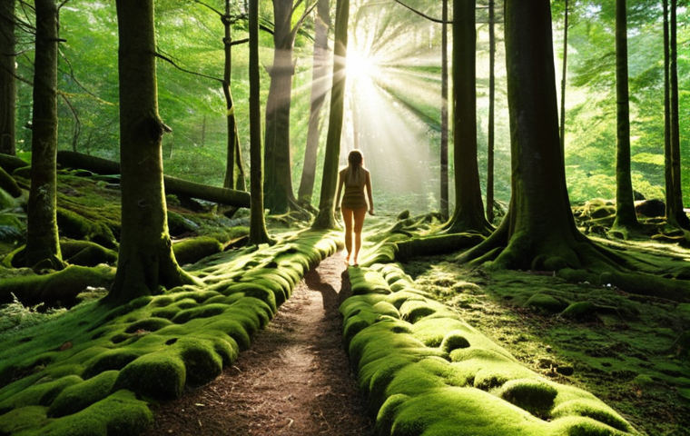 A serene forest scene with dappled sunlight filtering through the trees, a person walking barefoot on a mossy path, emphasizing the healing power of nature and grounding. Focus on peaceful, calming colors and light.