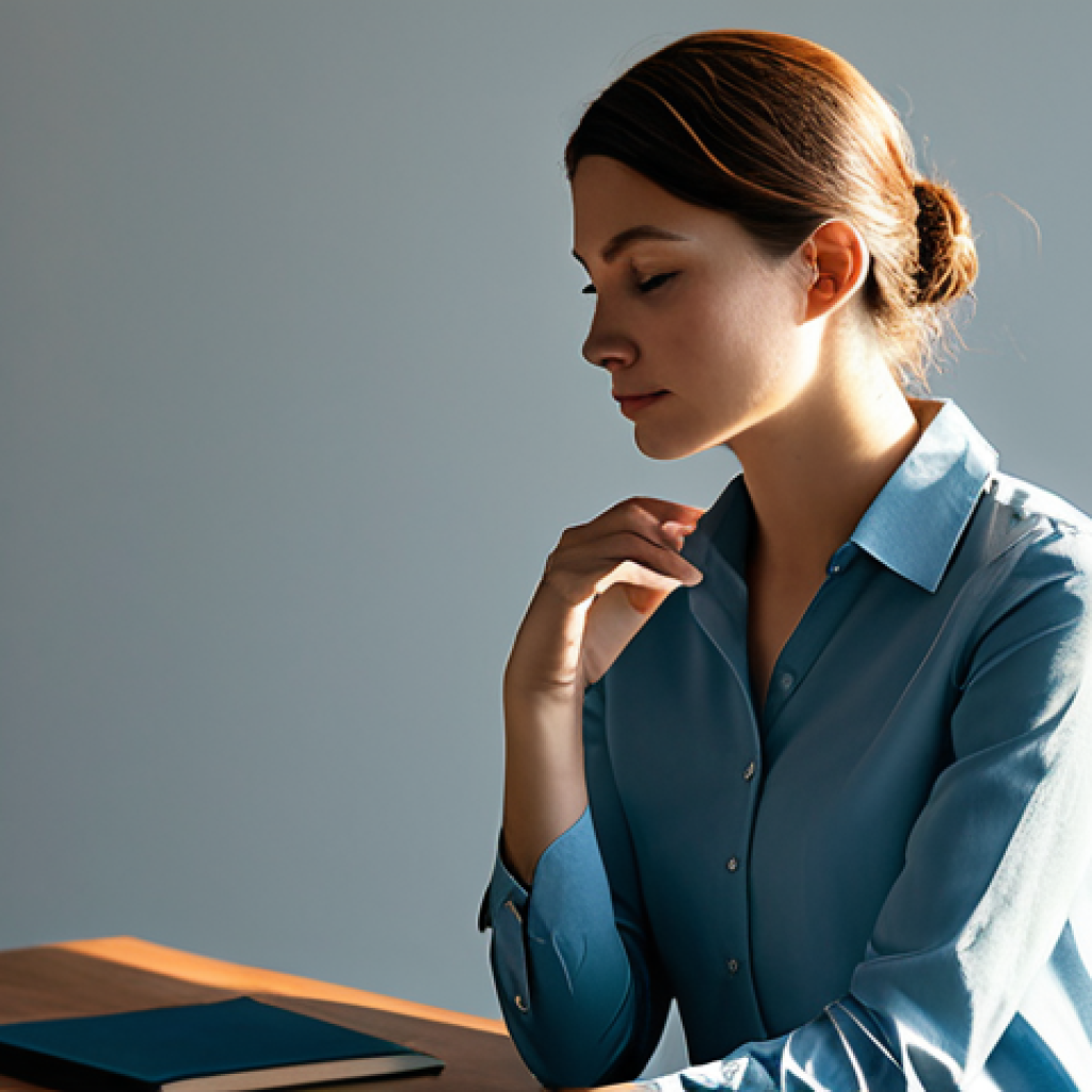 A composed individual, fully clothed in professional, modest attire, sits in a minimalist, sunlit study, with a gentle hand gesture over their chest, reflecting inward. The atmosphere is calm and serene, conveying deep contemplation and emotional understanding. Perfect anatomy, correct proportions, natural pose, well-formed hands, proper finger count. Professional photography, high quality, realistic, soft lighting. safe for work, appropriate content, family-friendly.