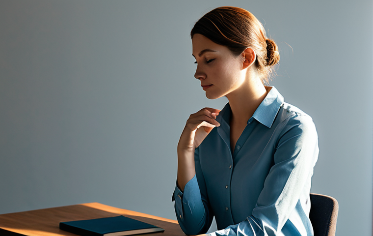 A composed individual, fully clothed in professional, modest attire, sits in a minimalist, sunlit study, with a gentle hand gesture over their chest, reflecting inward. The atmosphere is calm and serene, conveying deep contemplation and emotional understanding. Perfect anatomy, correct proportions, natural pose, well-formed hands, proper finger count. Professional photography, high quality, realistic, soft lighting. safe for work, appropriate content, family-friendly.