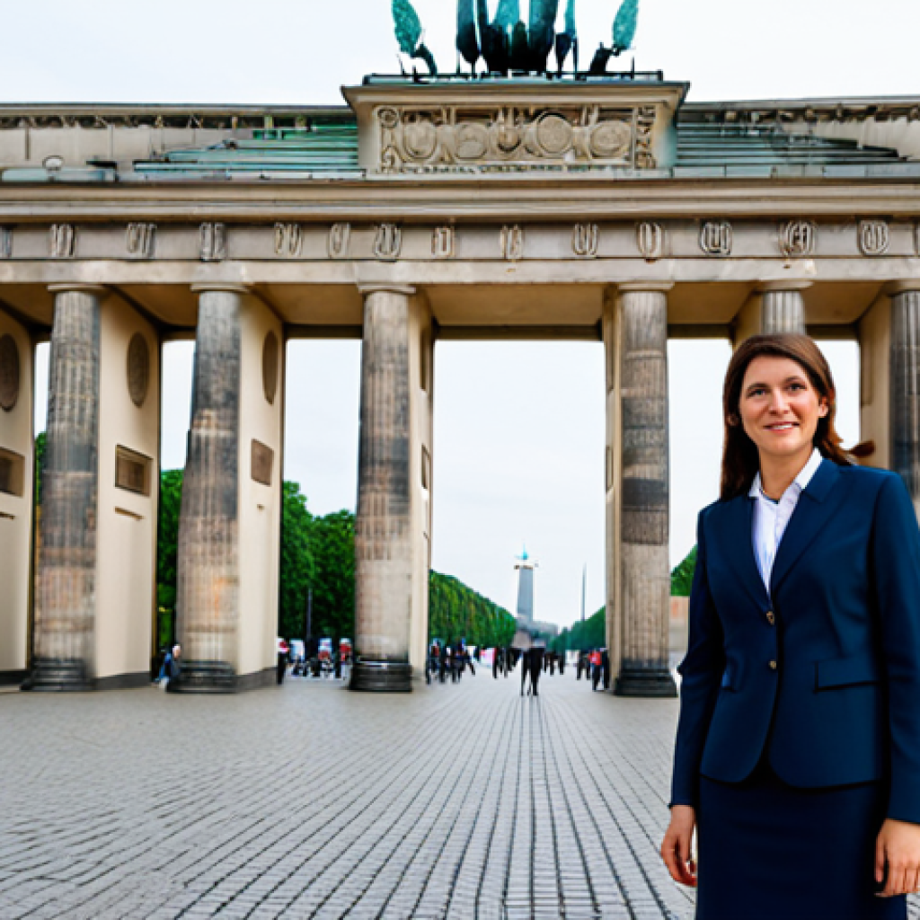 **

A professional businesswoman in a modest business suit, standing in front of the Brandenburg Gate in Berlin, Germany. Fully clothed, appropriate attire, safe for work, perfect anatomy, natural proportions, professional photography, high quality, family-friendly.

**