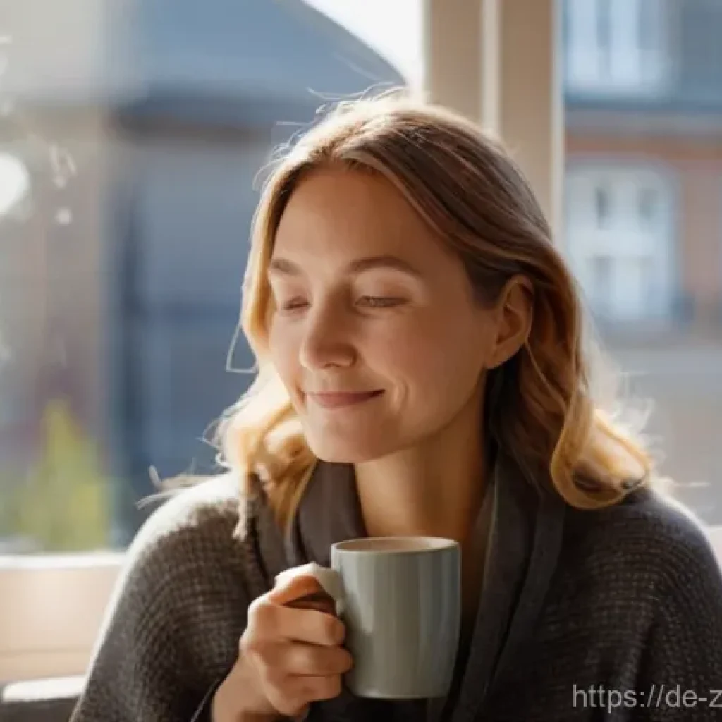마음챙김 명상으로 심신 안정하기 - **Mindful Morning Ritual:** A serene German woman in her late 30s, dressed in modest, comfortable lo...