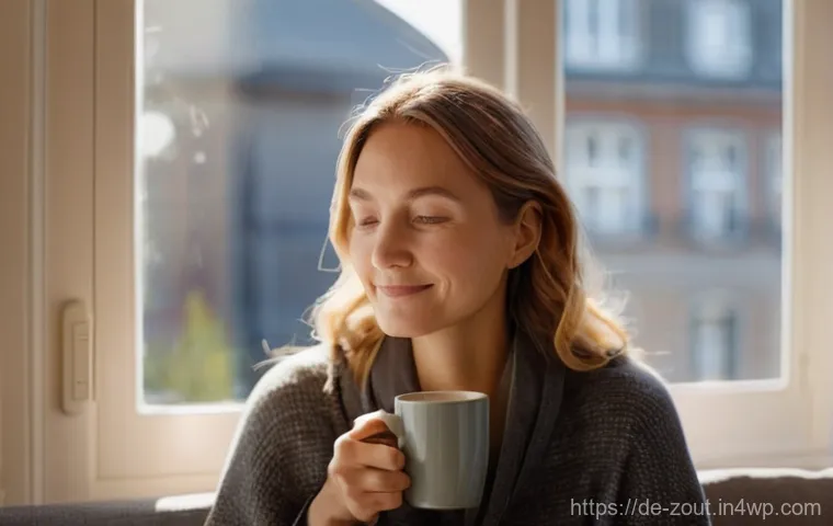 마음챙김 명상으로 심신 안정하기 - **Mindful Morning Ritual:** A serene German woman in her late 30s, dressed in modest, comfortable lo...