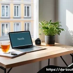 Home 22 자기 관리의 중요성과 구체적인 실천법 - A serene morning workspace scene in a modern German apartment, featuring a neatly organized desk wit...