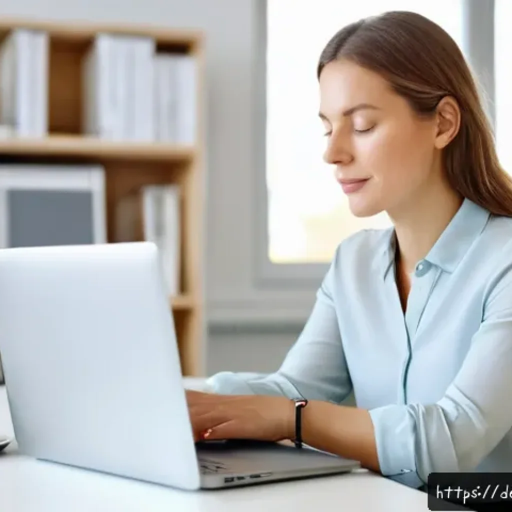 일상 스트레스를 관리하는 방법 - A serene office scene showing a professional German woman in her 30s taking a mindful mini-break at ...