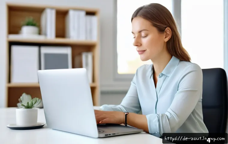 일상 스트레스를 관리하는 방법 - A serene office scene showing a professional German woman in her 30s taking a mindful mini-break at ...