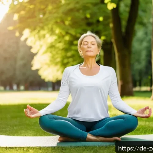 Home 32 스트레스 해소를 위한 간단한 요가 자세 - A serene middle-aged woman practicing deep, conscious breathing outdoors in a peaceful German park d...