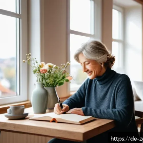 Home 31 회복력을 위한 매일의 감사 일기 작성법 - A serene, modern German living room scene in the early morning light, featuring a middle-aged woman ...