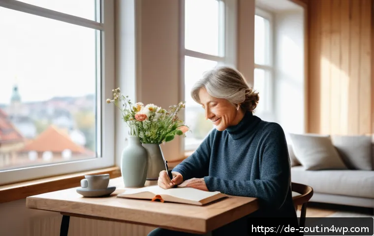 회복력을 위한 매일의 감사 일기 작성법 - A serene, modern German living room scene in the early morning light, featuring a middle-aged woman ...