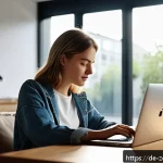 Home 18 회복력을 위한 소셜 미디어 활용 전략 - A serene home office scene with a young adult woman thoughtfully selecting positive social media acc...