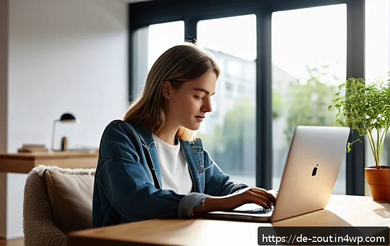 회복력을 위한 소셜 미디어 활용 전략 - A serene home office scene with a young adult woman thoughtfully selecting positive social media acc...