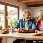 Home 23 건강한 관계로 회복력 높이기 - A warm and cozy scene of a middle-aged German couple sitting at a rustic wooden kitchen table in a s...