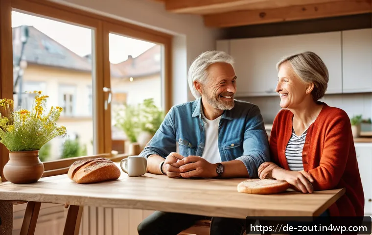 건강한 관계로 회복력 높이기 - A warm and cozy scene of a middle-aged German couple sitting at a rustic wooden kitchen table in a s...
